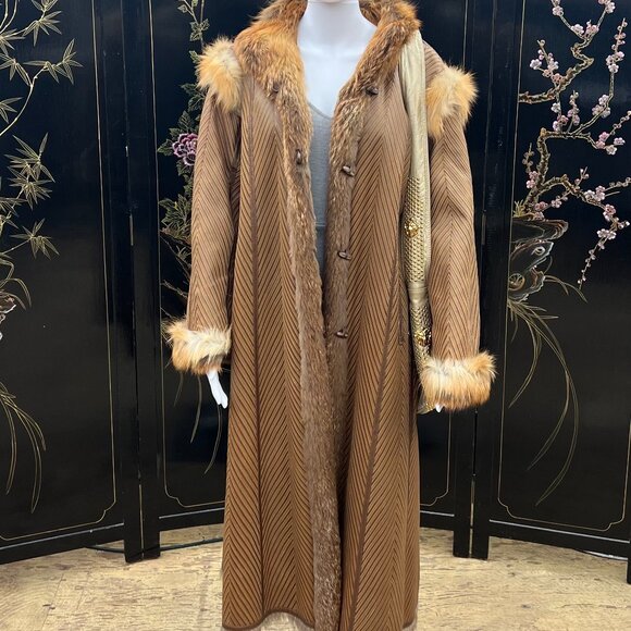 Vintage Mid Century Custom Reversible Fox Fur & Chevron Leather Full Length Coat - Picture 4 of 11